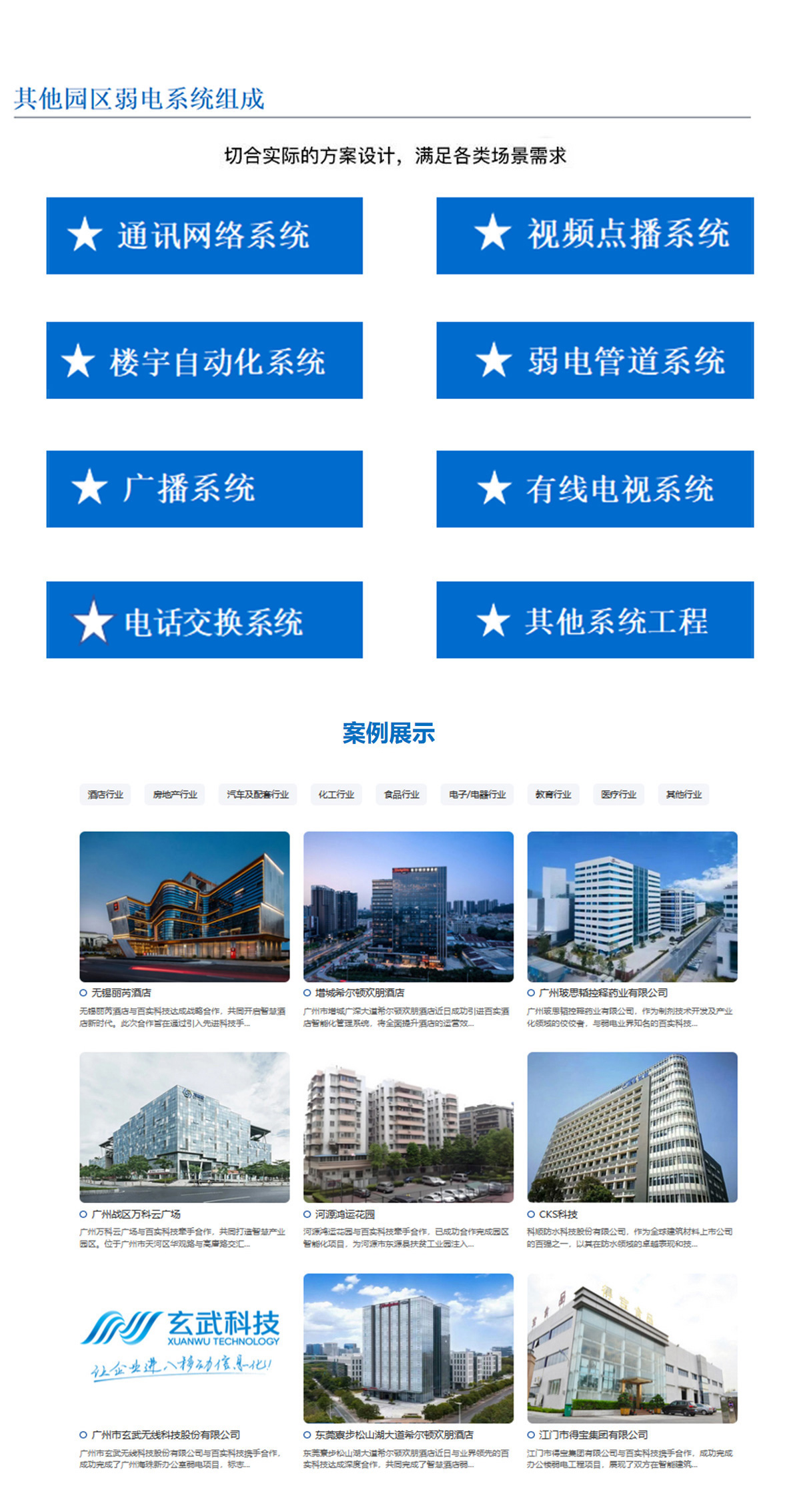 5科技園,工業園,商業園,產業園,農業園,物流園等園區訊通網絡系統，園區視頻點播系統,園區樓宇自動化系統,園區弱電管道系統,園區廣播系統，園區有無線電視系統,園區會議系統,園區電話交換系統等其他園區弱電系統，切合實際的方案設計，滿足各類場景需求
